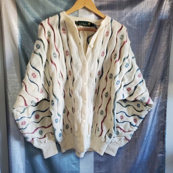 Tulchan Sweaters - Tulchan 100% Pure New Wool Cardigan Sweater Cream Multicolor Geometric grandma